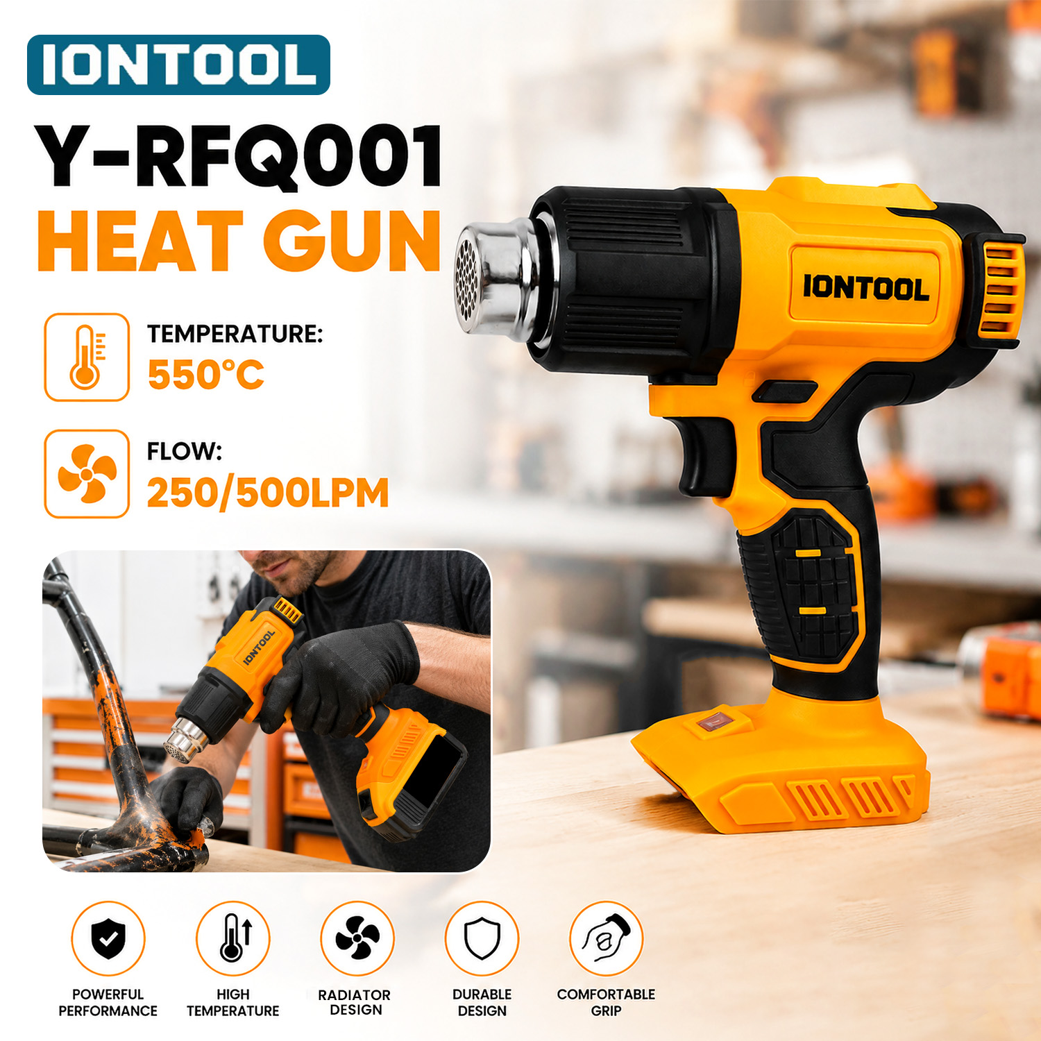 Cordless Heat Gun For Shrink Tubing - IONTOOL イエロー コードレスヒートガン 550 ℃ 塗料剥離、接着剤の軟化、熱収縮チューブの用途に使用するヒートガン