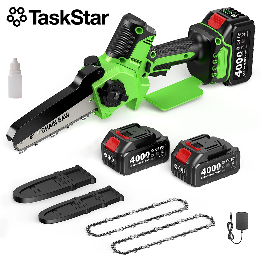 Mini Electric Chainsaw 6 Inch - TaskStarコードレス電動ノコギリ 6&8インチ ブラシレスハンドヘルドウッドソー 2*4.0Ahバッテリー付き 手動給油式 ガーデン枝剪定チェーンソー