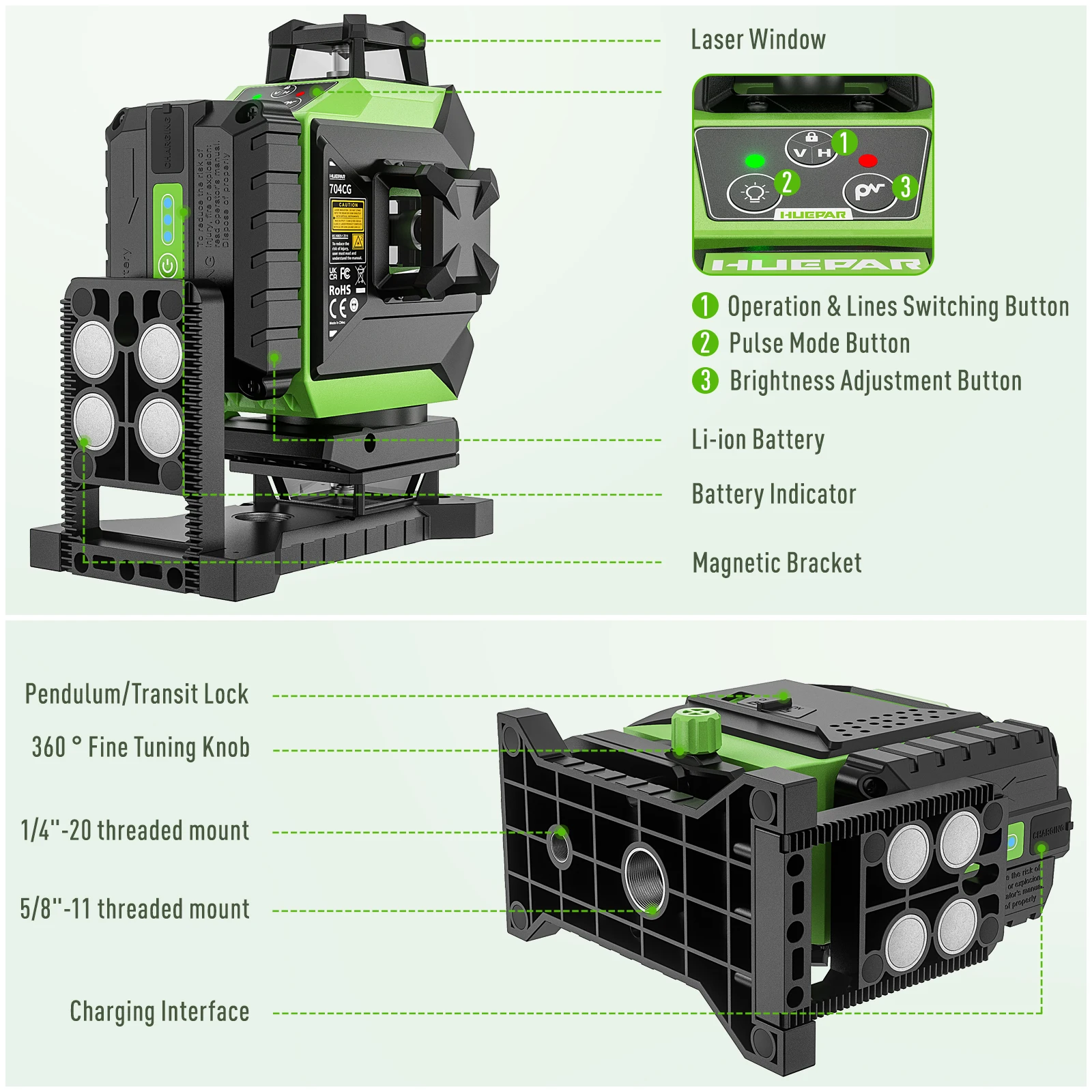 Laser Level 16 Lines 4D Green - Huepar 704CG デジタル4D 16ラインレーザー墨出し器 360度回転 自動水平調整