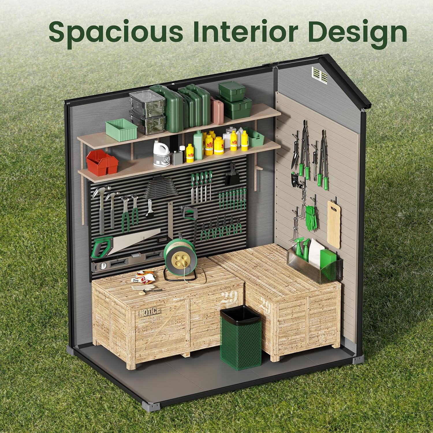 Garden Tools - 床付き屋外収納庫、樹脂製プラスチック製ガーデンツールハウス 4×6フィート、カスタマイズ可能