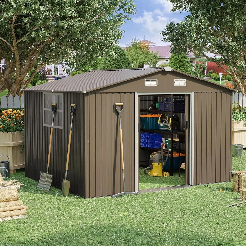 Garden Tools - 10T x 8T 屋外用金属製収納庫（ロック可能なドア、引き戸、換気口付き）ガーデニングや芝生用具用