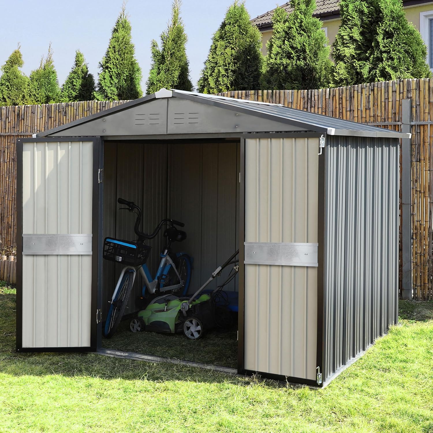 10フィート x 10フィートの屋外収納庫（両開きドア付き） - Garden Tools のレビューと価格