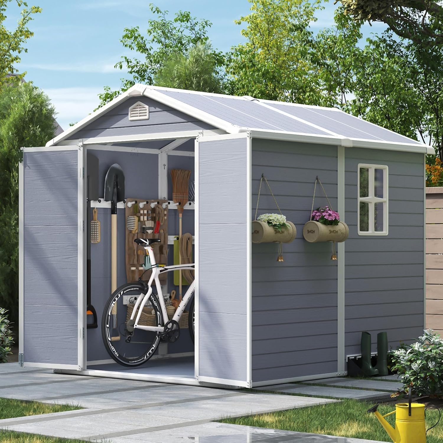 6x8フィート屋外収納庫、樹脂床、小型ガーデン用防水プラスチ - Garden Tools のレビューと価格