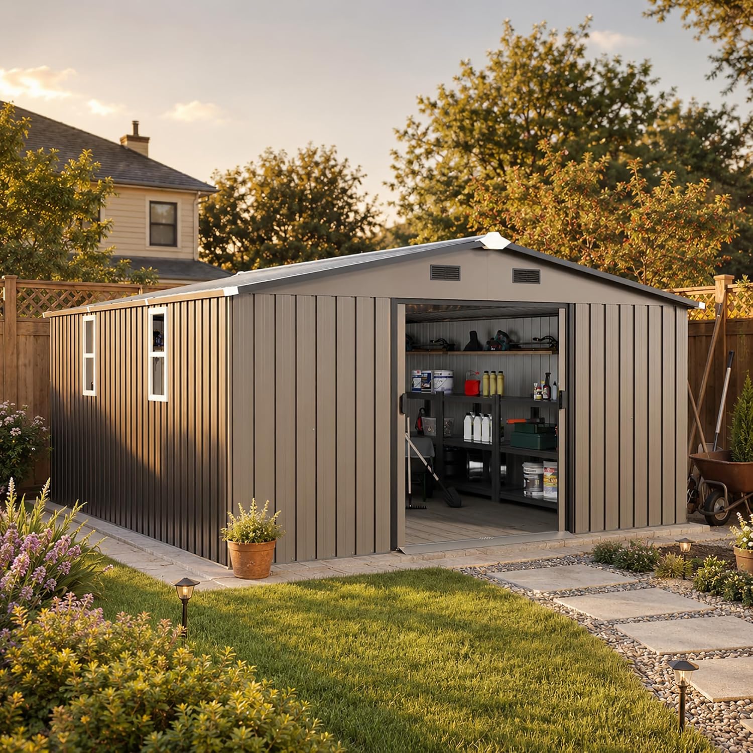 10x12フィートの屋外用金属製収納庫、耐候性のある庭用物置 - Garden Tools のレビューと価格