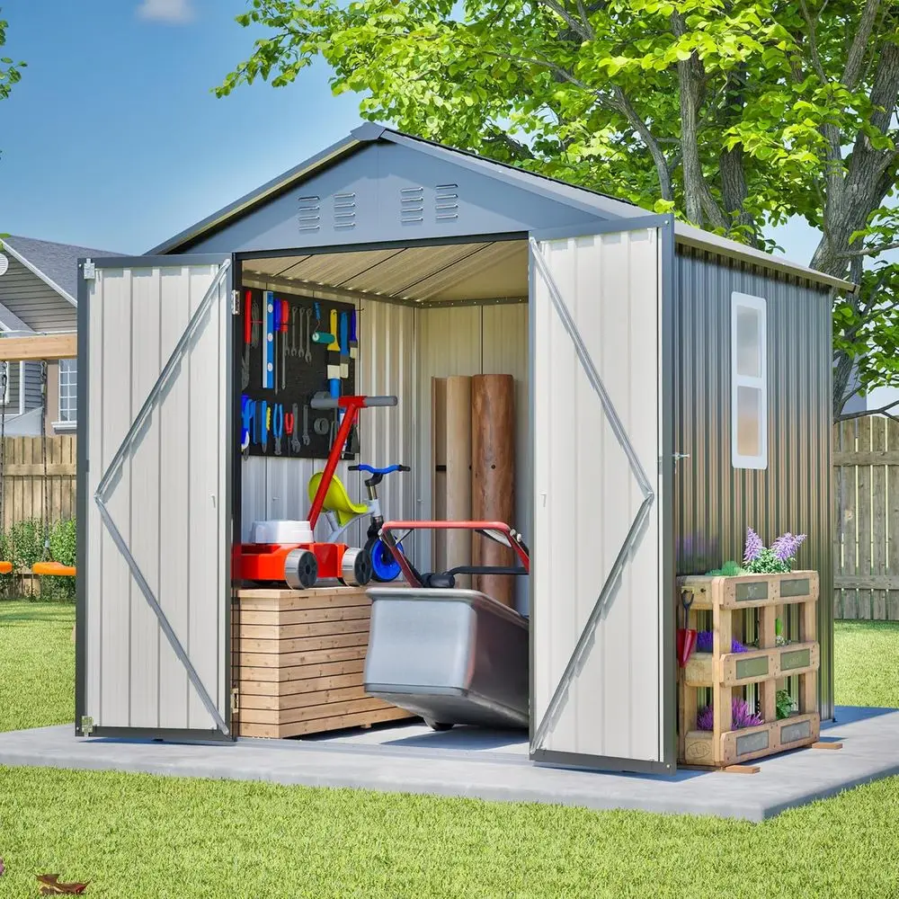 6x6フィートの亜鉛メッキ鋼製屋外収納庫（ロック可能なドア、 - Garden Tools のレビューと価格
